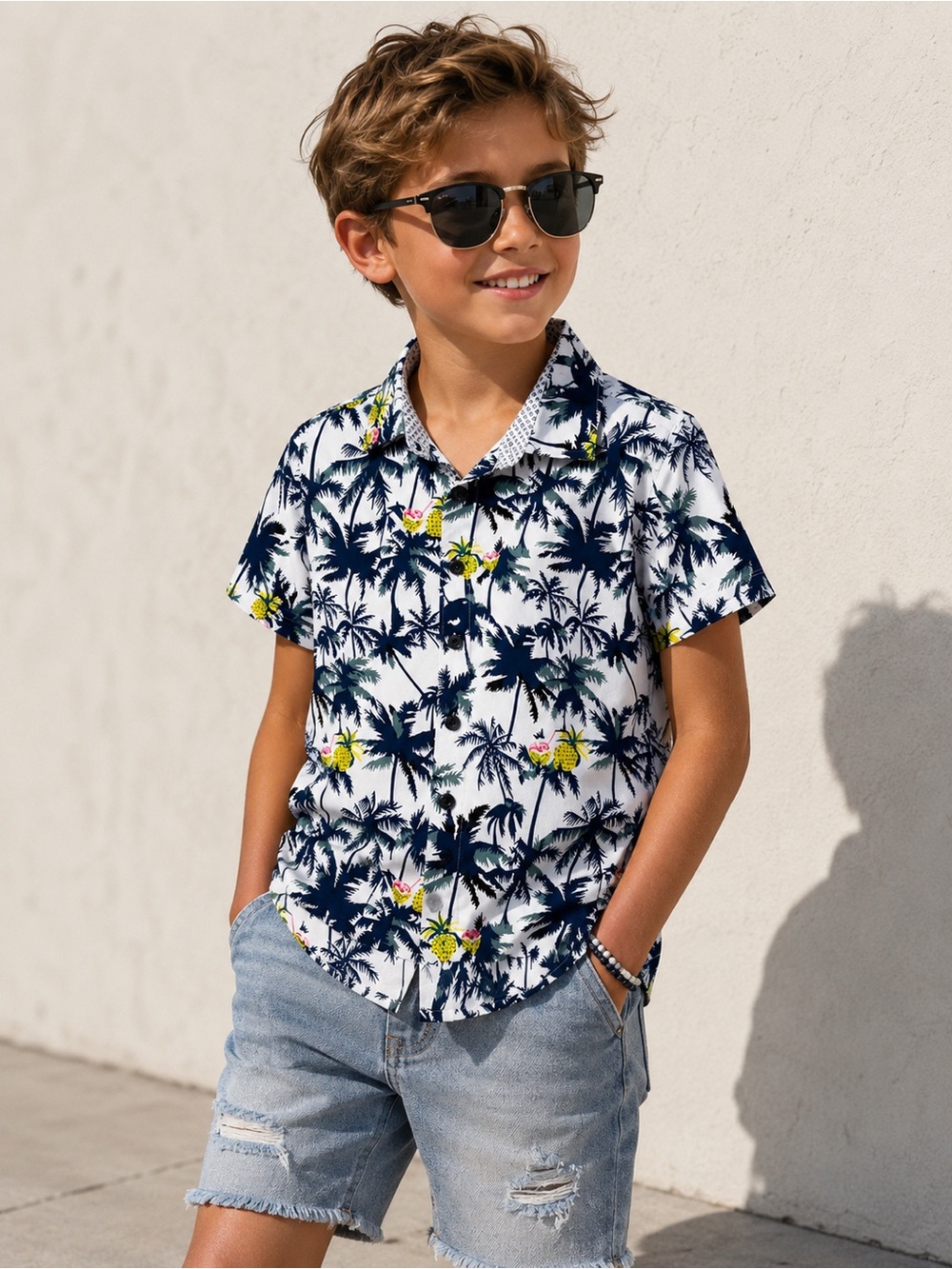 Tropical Palm Tree Hawaiian Button Front Shirt Youth 9/10 Medium EUC